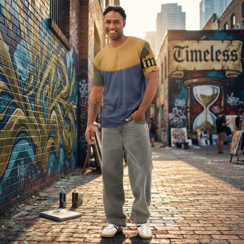KimiChé Golden Storm Tee - graffiti alley lifestyle shot